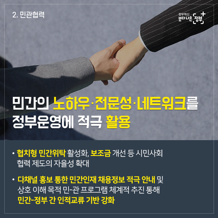 민간의 노하우 · 전문성 · 네트워크를 정부운영에 적극 활용 · 협치형 민간위탁 활성화, 보조금 개선 등 시민사회 협력 제도의 자율성 확대 · 다채널 홍보 통한 민간위탁 활성화, 보조금 개선 등 시민사회 협력 제도의 자율성 확대 · 다채널 홍보 통한 민간인재 채용정보 적극 안내 및 상호 이해 목적 민-관 프로그램 체계적 추진 통해 민간-정부 간 인적교류 기반 강화